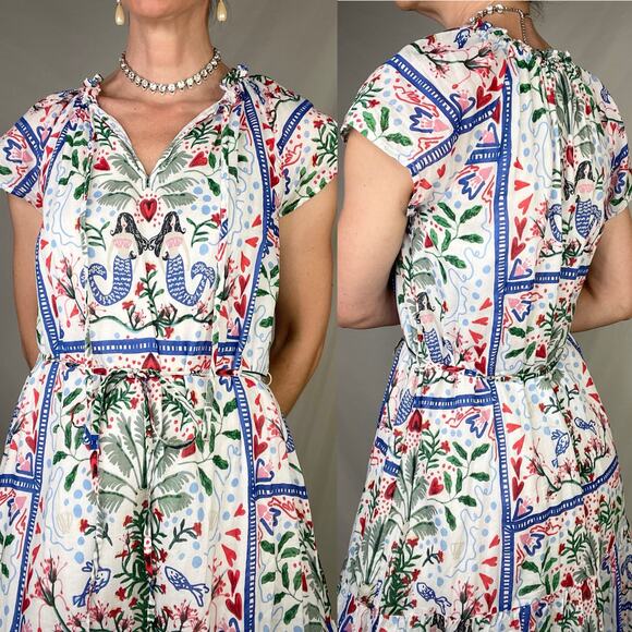 LOFT mermaid print dress seashell heart palm tree cotton midi maxi‎ tie waist XS - Picture 14 of 16